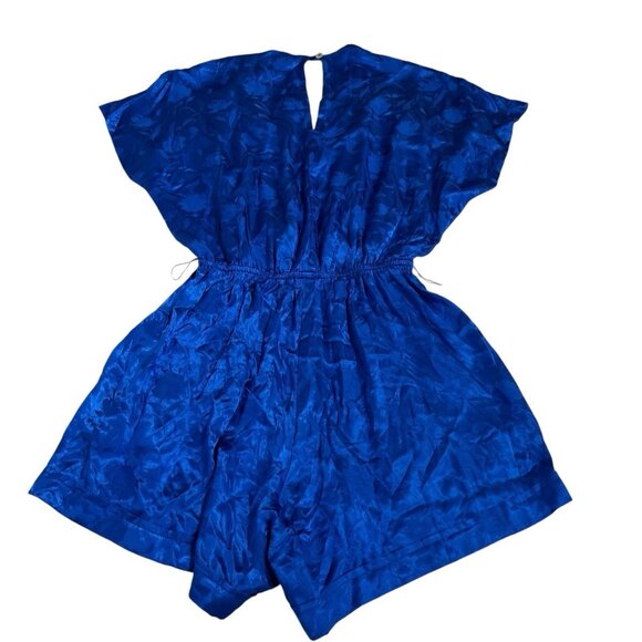 Shore Romper Womens S Blue Satin Floral Faux Wrap Flowy Tropical Vacation - Picture 2 of 12